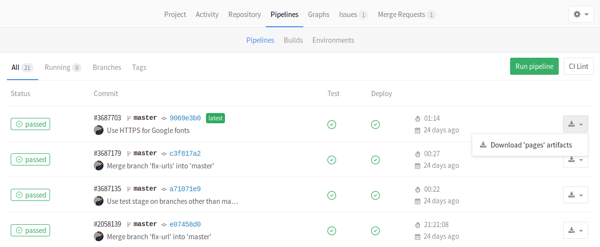 Build artifacts in Pipelines page