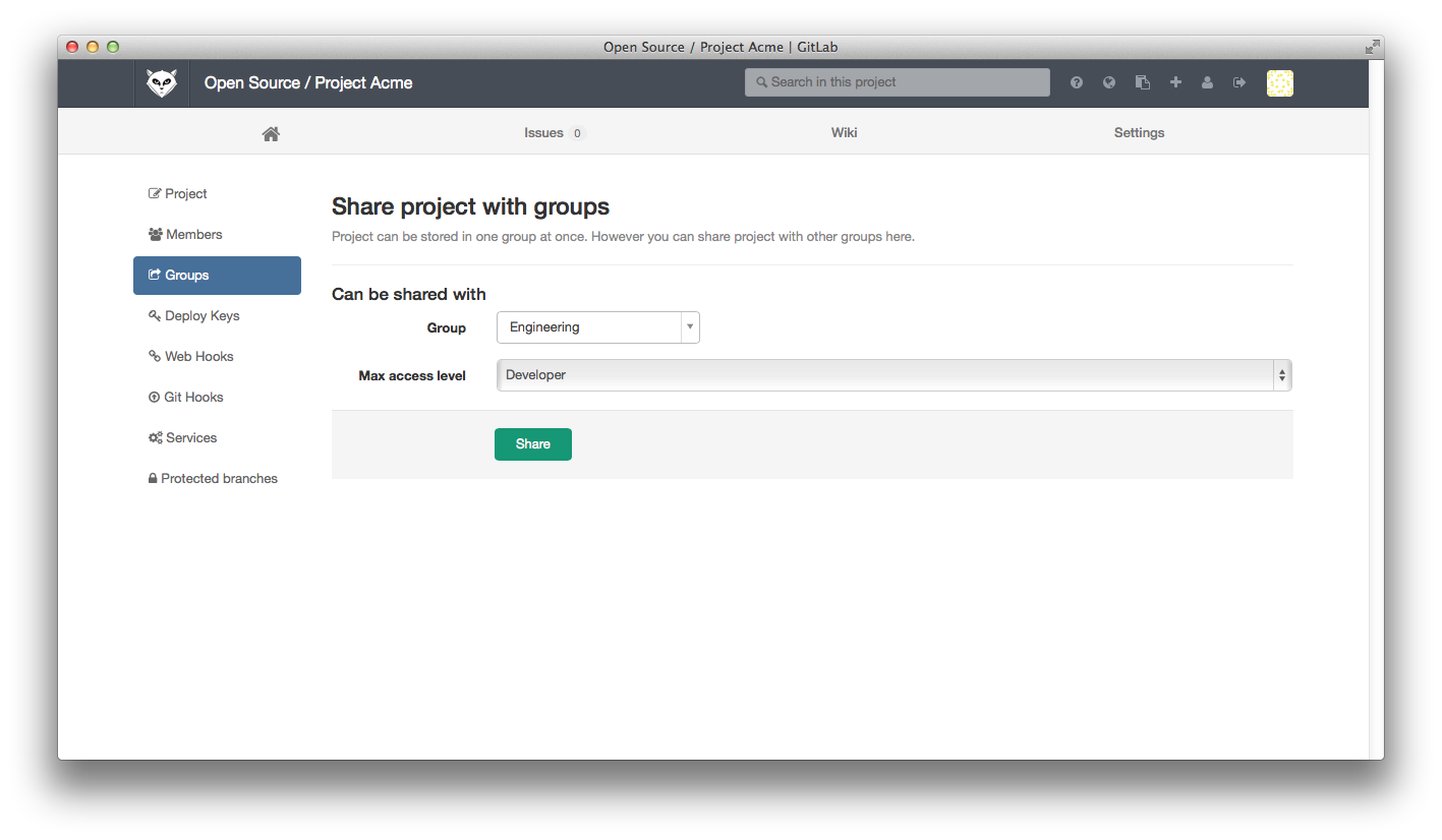 The 'Groups' section in the project settings screen