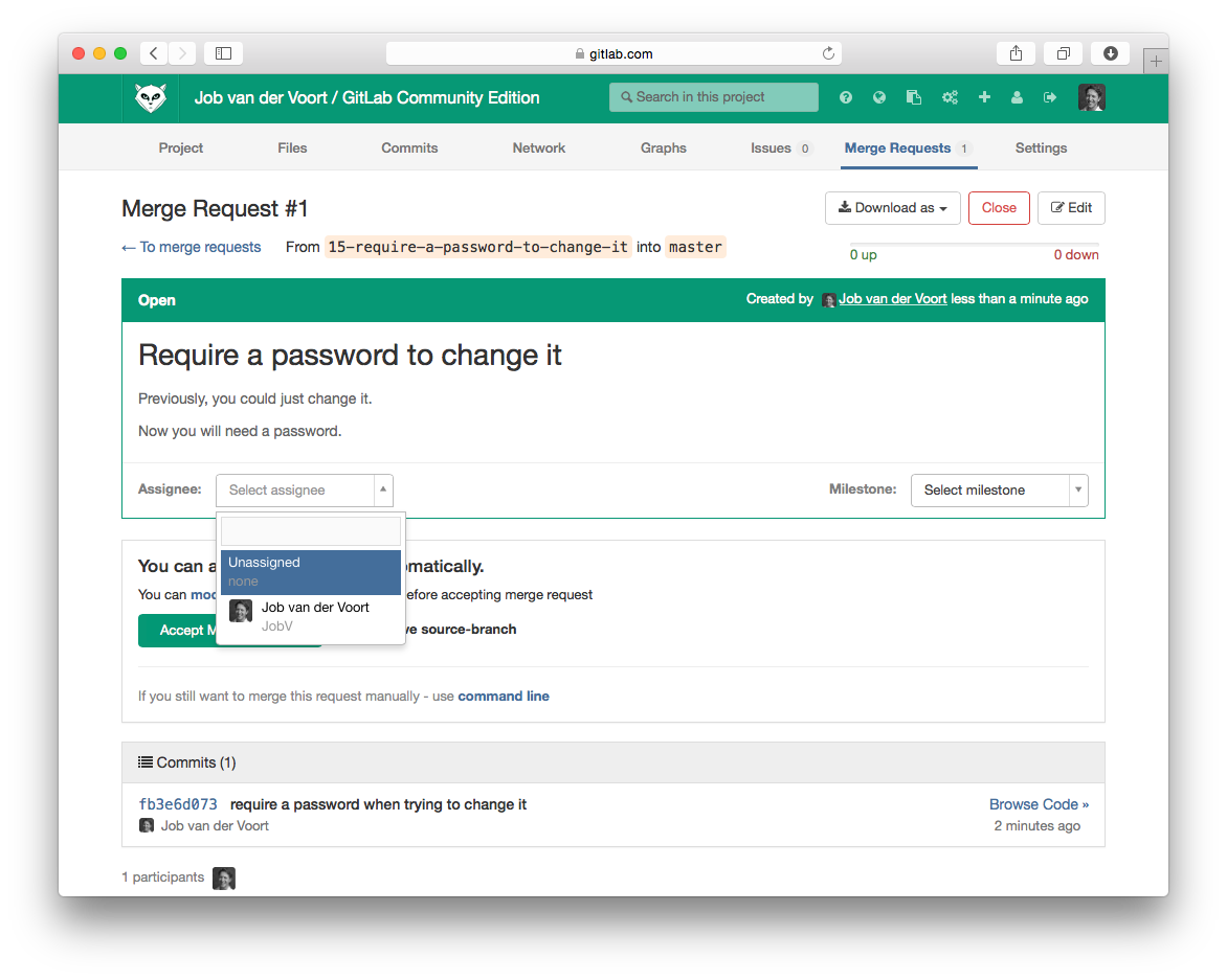 Merge request with the branch name 15-require-a-password-to-change-it and assignee field shown